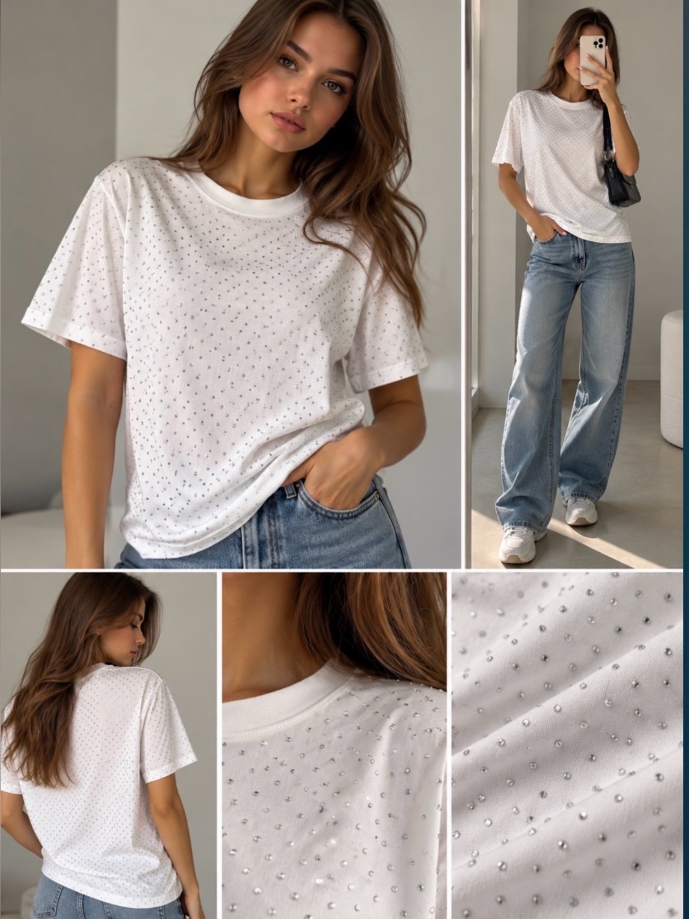 Zara White Short-Sleeve Tee with Silver Stud Detail